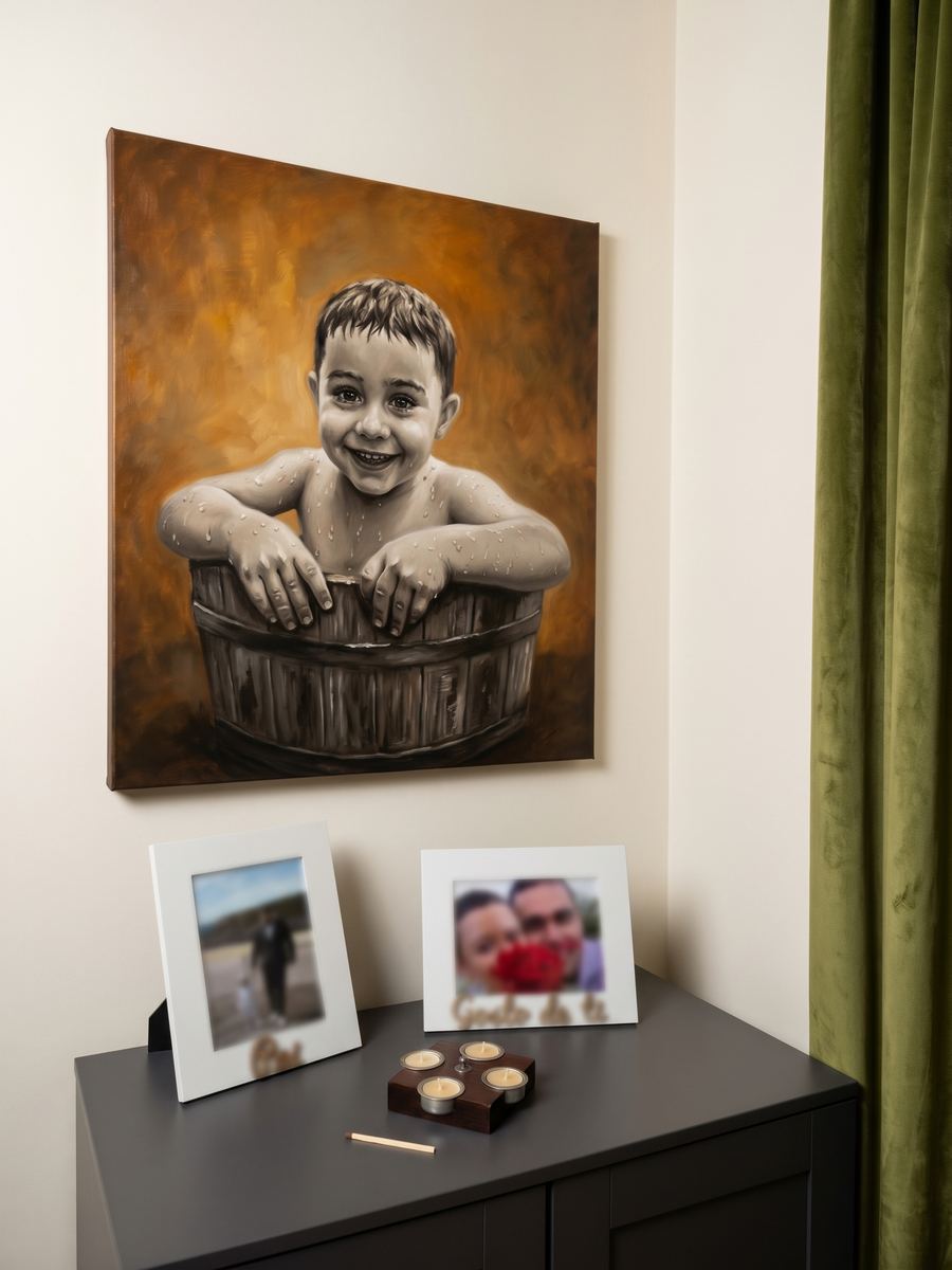 Retrato al óleo de un niño en un balde, pieza original de Super Kiut