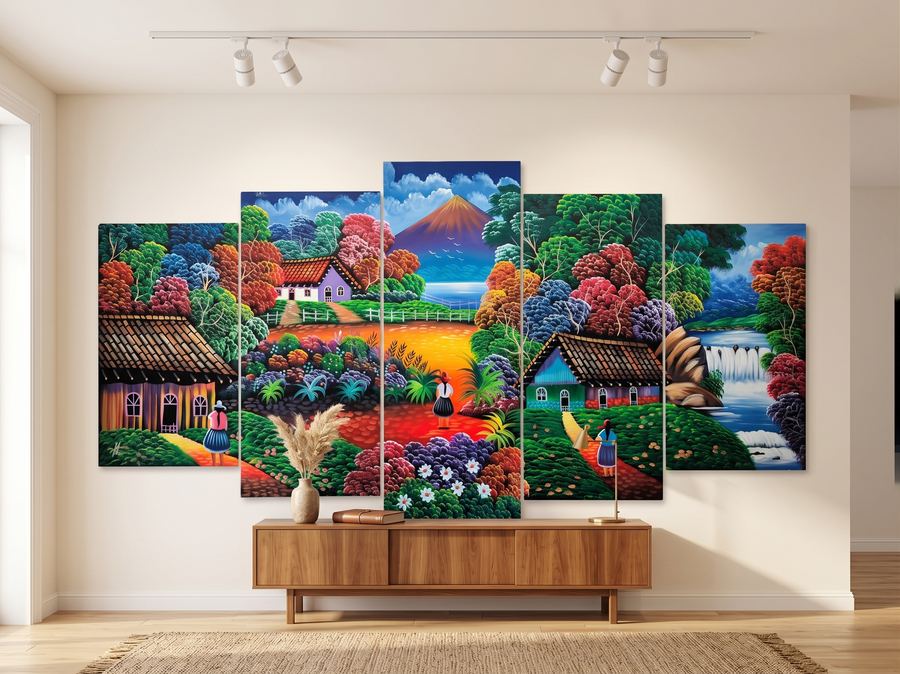 Mural de paisaje en varios paneles, pintura original
