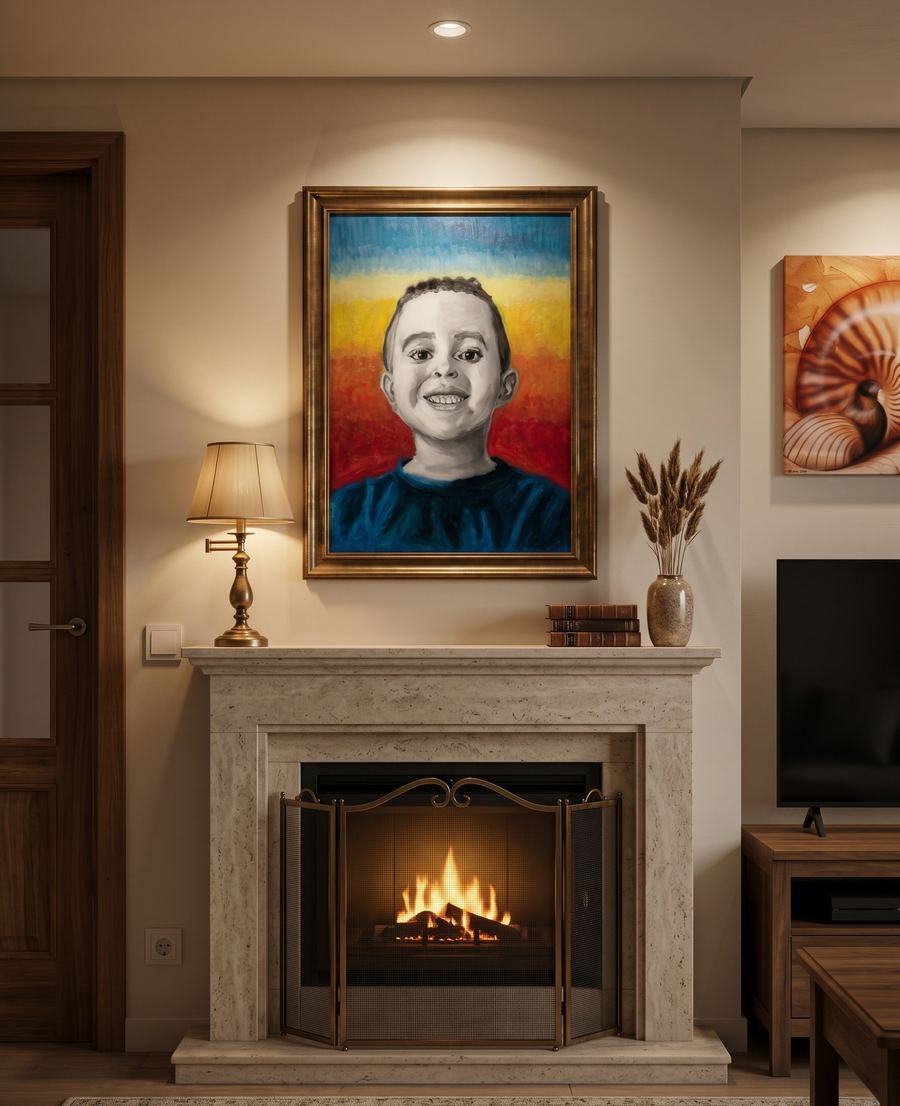 Retrato al óleo de un niño, enmarcado sobre una chimenea